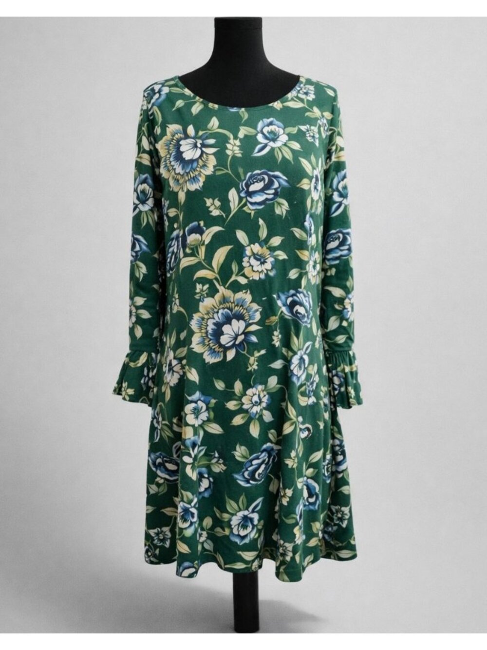 Old Navy Green Floral Fit & Flare Dress Women's Size 14 Long Sleeve Knee Length